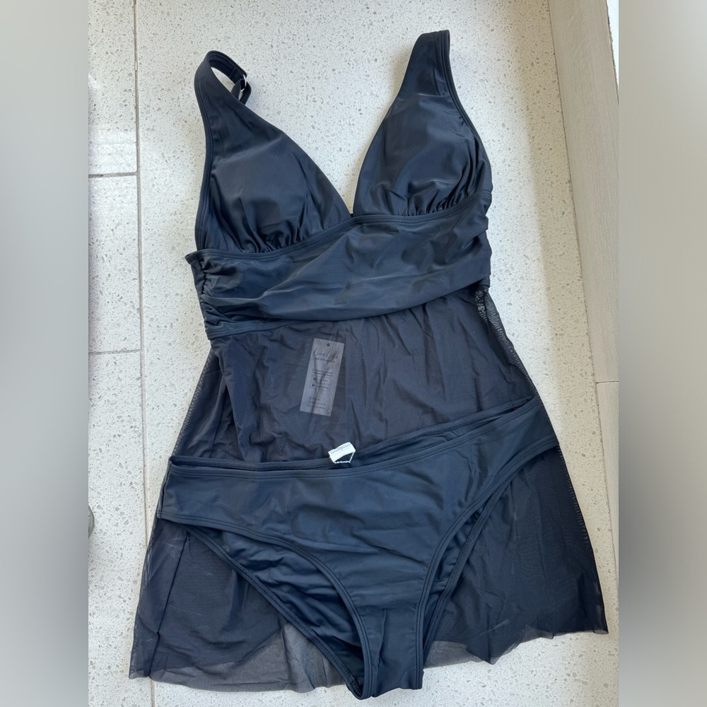 Emerge Shirred Mesh Panel Swim Dress